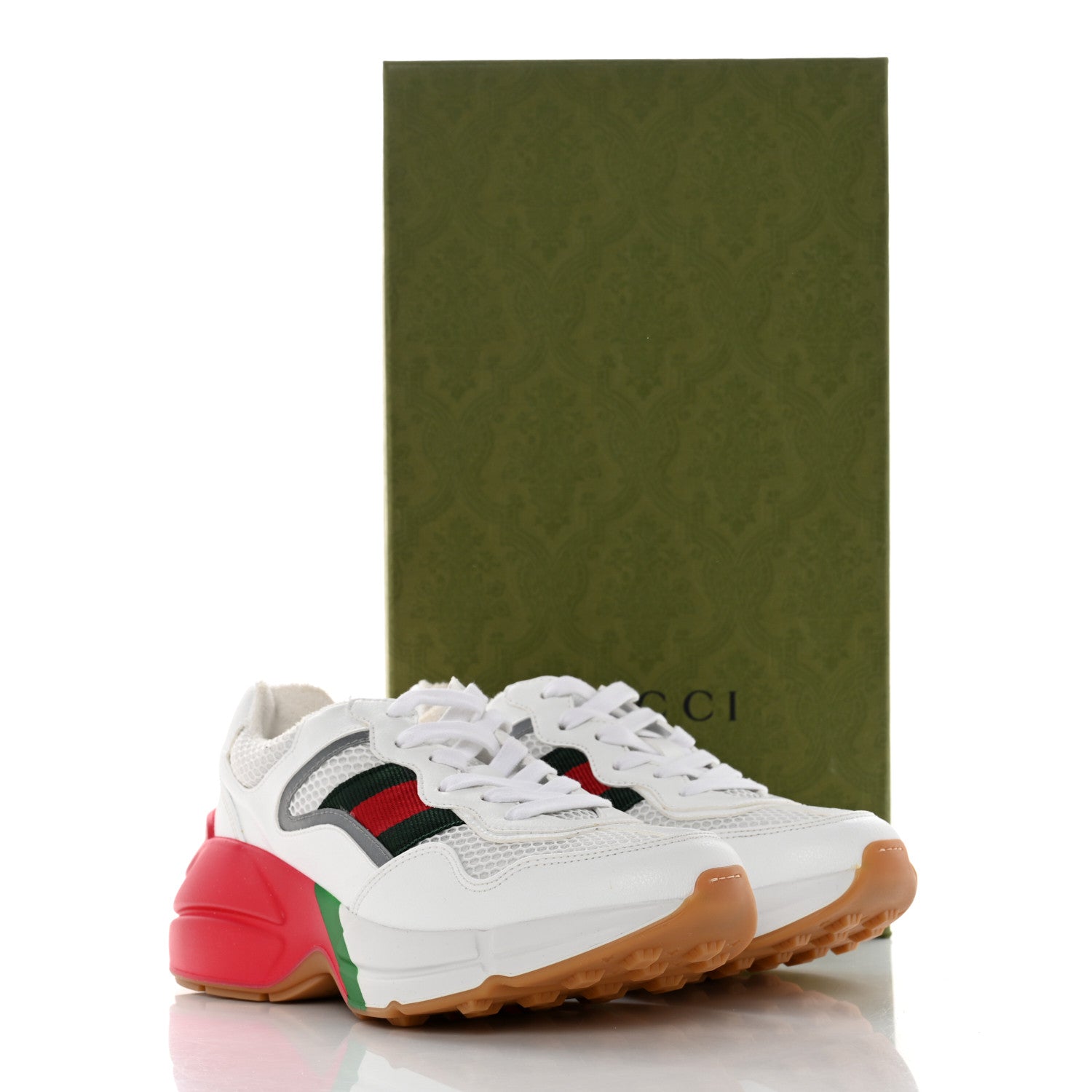 Gucci Lavaredo Eco Fabric Mesh Web Womens Rhyton Reflective Sneakers 35 Great White Green Red Silver 9 of 9
