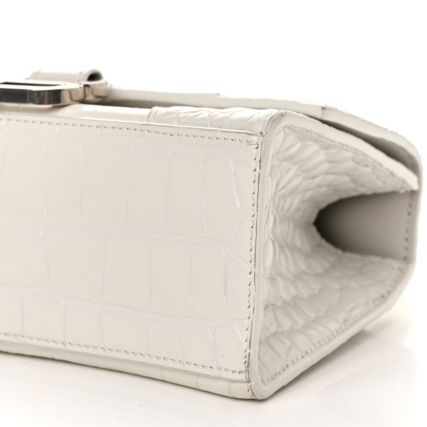 Shiny Calfskin Crocodile Embossed Hourglass Top Handle Bag XS White