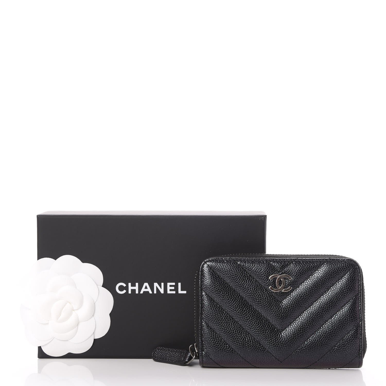 Chanel Iridescent Caviar Chevron Quilted Zip Around Coin Purse Black 8 of 8