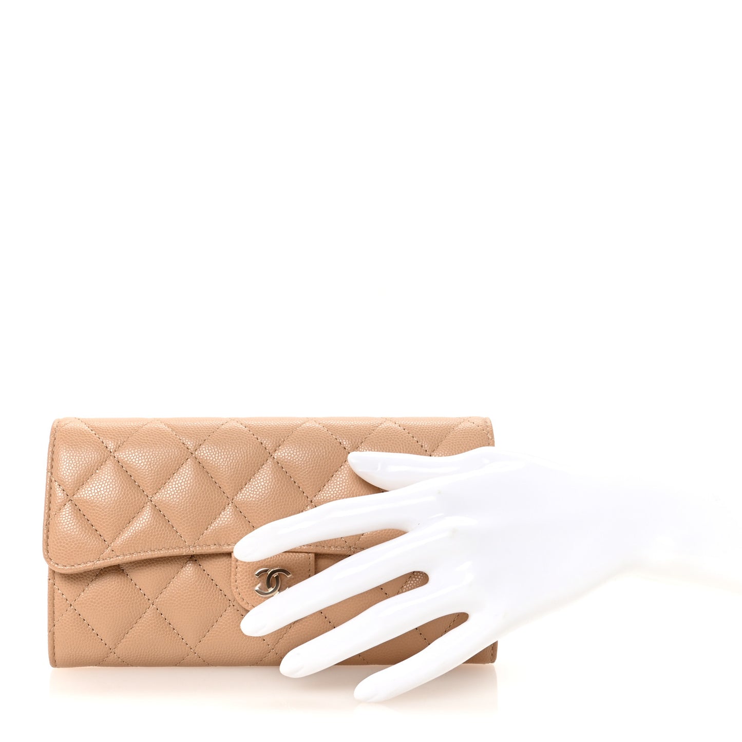 Caviar Quilted Large Gusset Flap Wallet Beige