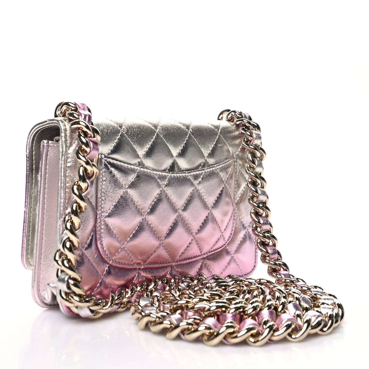 Gradient Metallic Lambskin Quilted Like A Wallet Wallet On Chain WOC Gold Pink