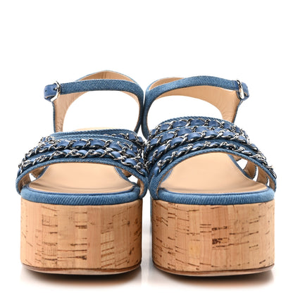 Chanel Denim Cork Chain Wedge Sandals 39 Blue 3 of 8