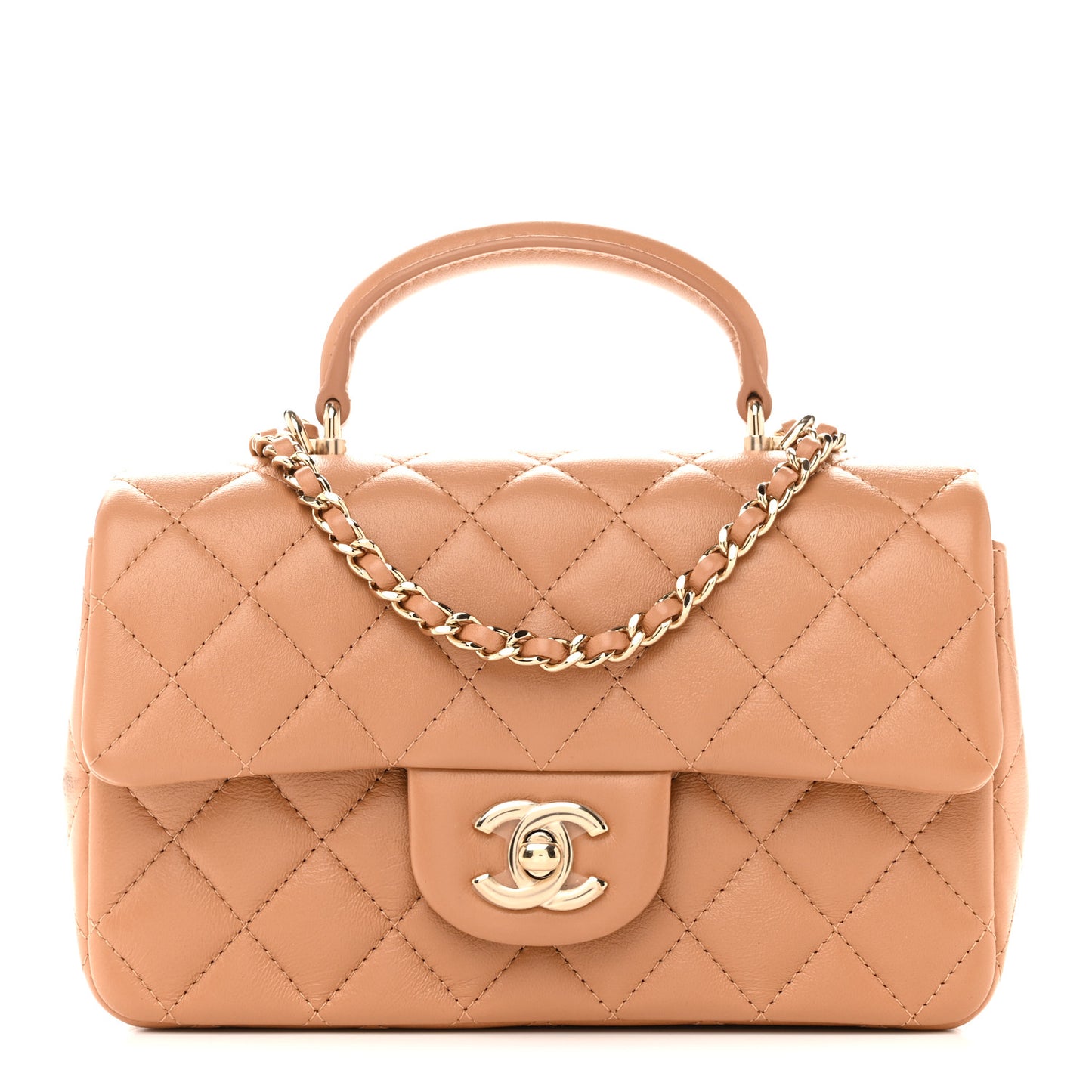 Lambskin Quilted Mini Top Handle Rectangular Flap Dark Beige