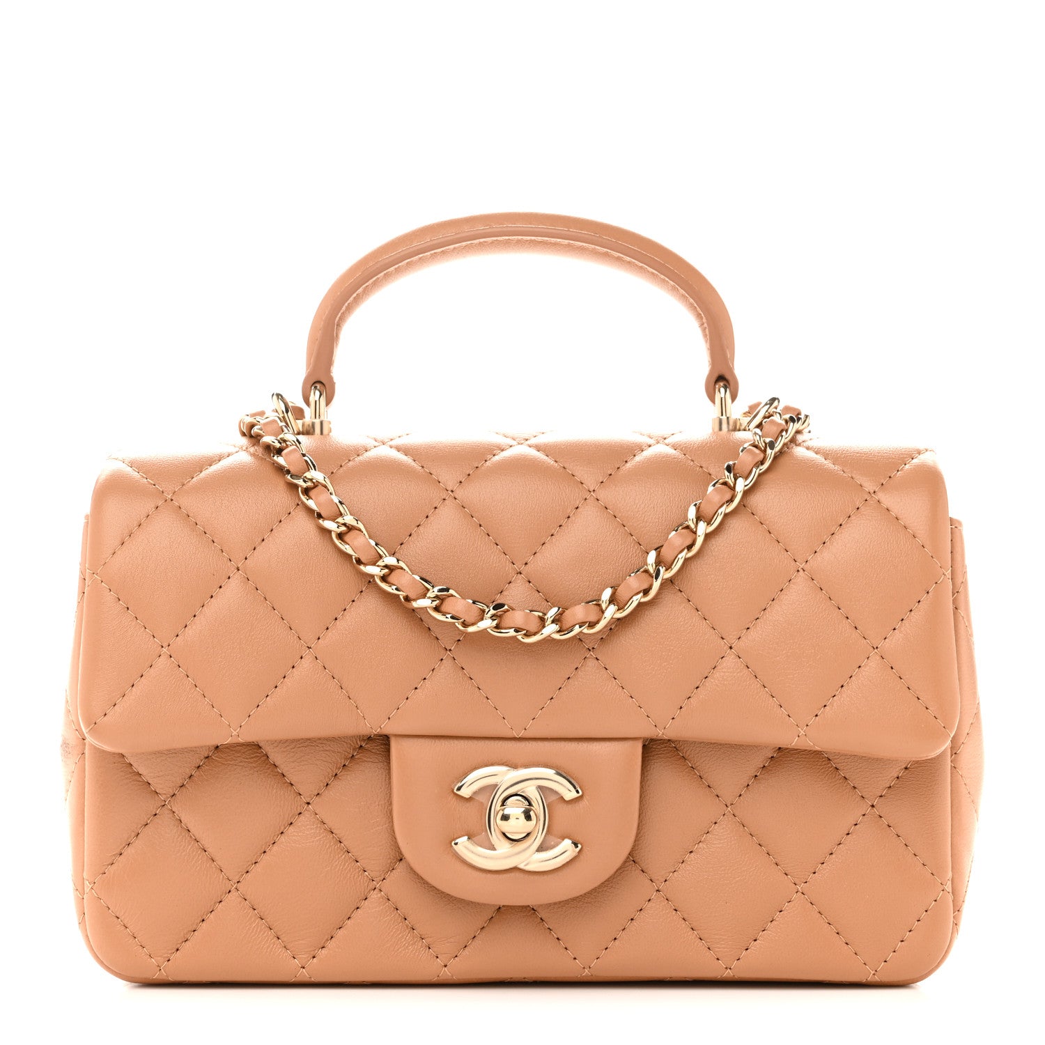Chanel Lambskin Quilted Mini Top Handle Rectangular Flap Dark Beige 1 of 23