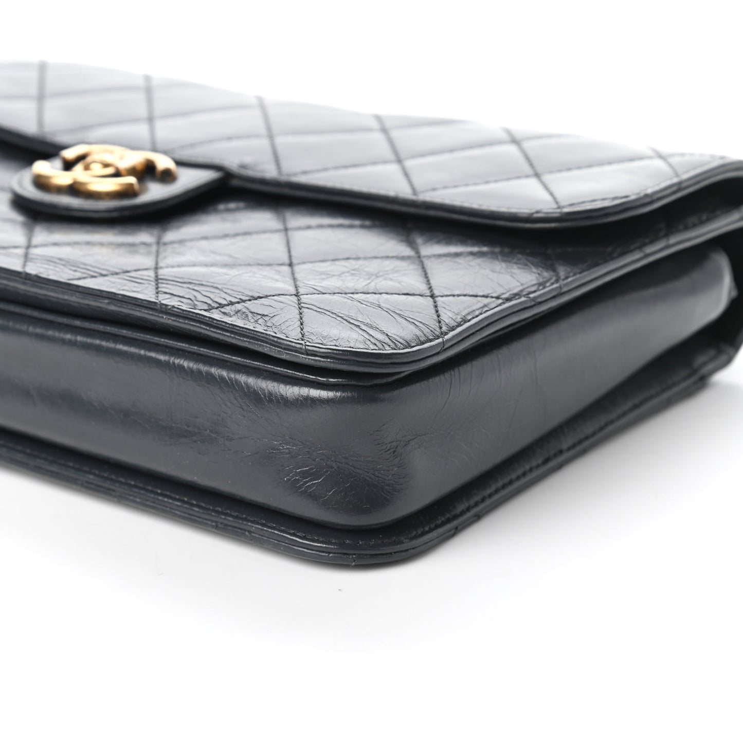 Glazed Calfskin Quilted Large Perfect Edge Flap Navy