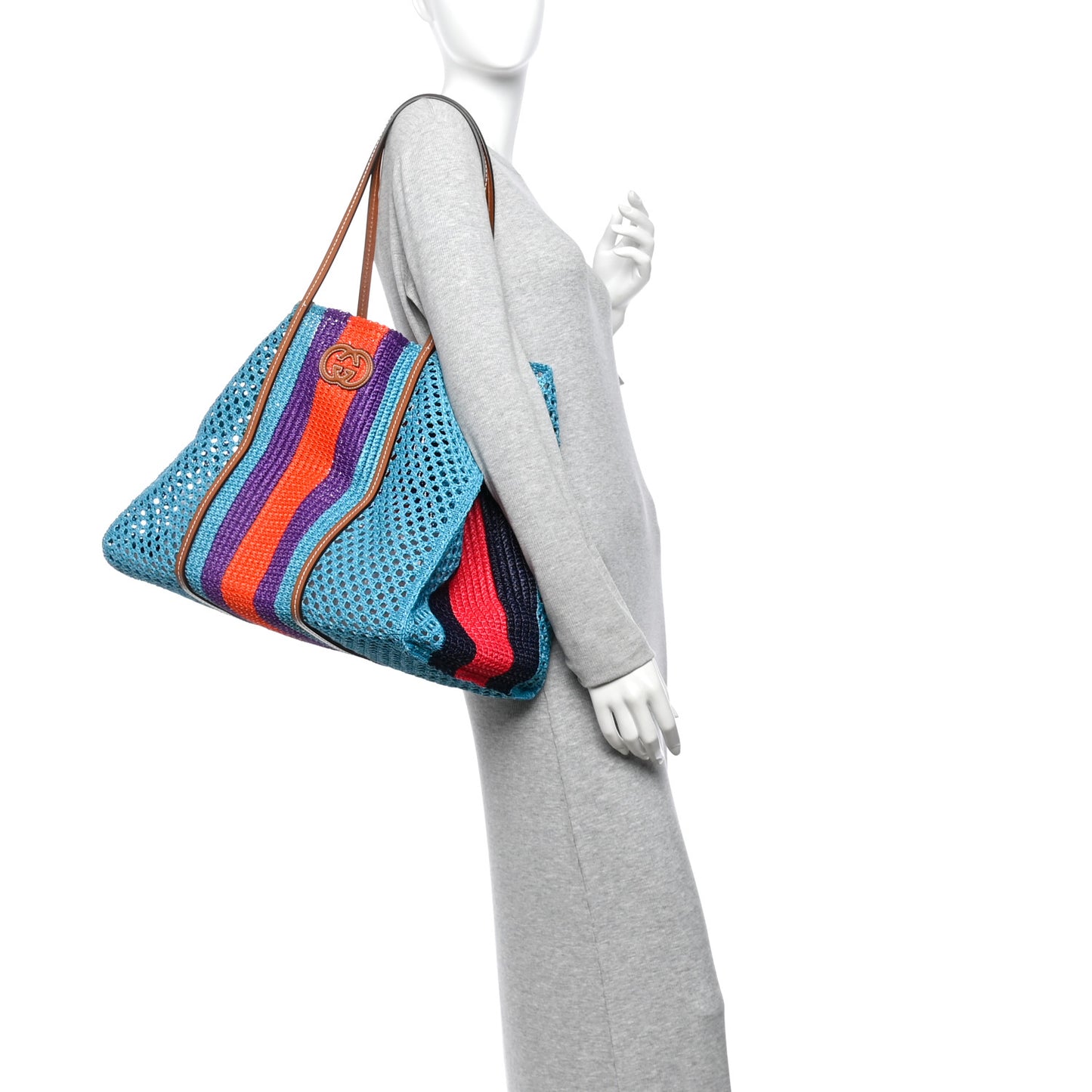 Raffia Web Woven Interlocking G Tote Blue Multicolor
