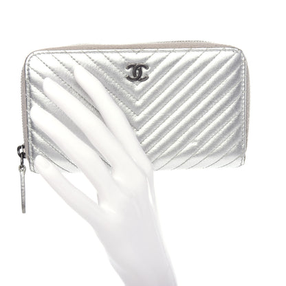 Chanel Metallic Lambskin Chevron Quilted Small Zip Around Wallet Silver 2 of 9