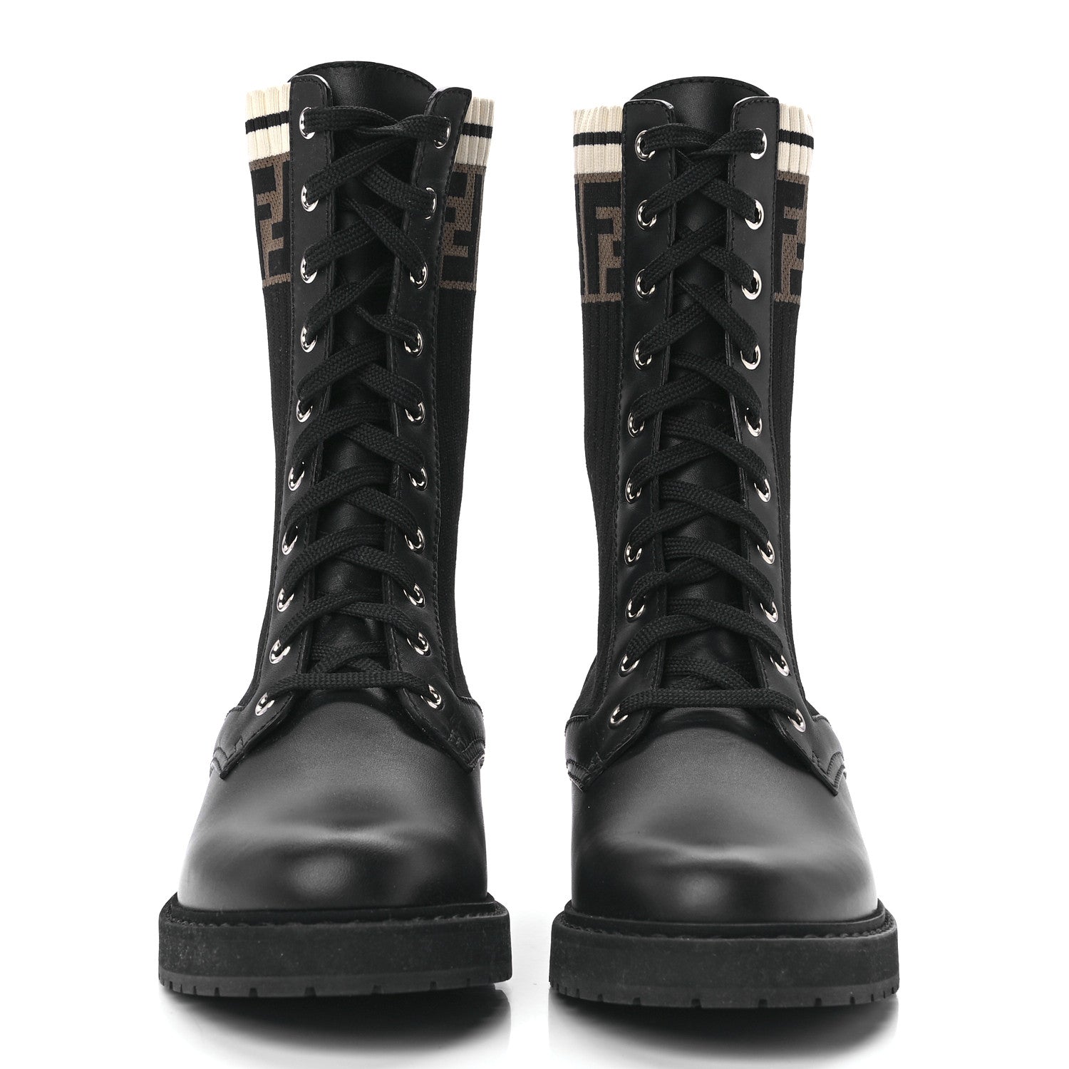 Fendi Calfskin Stretch Fabric Rockoko Biker Boots 39 Tobacco Black Marino 2 of 8