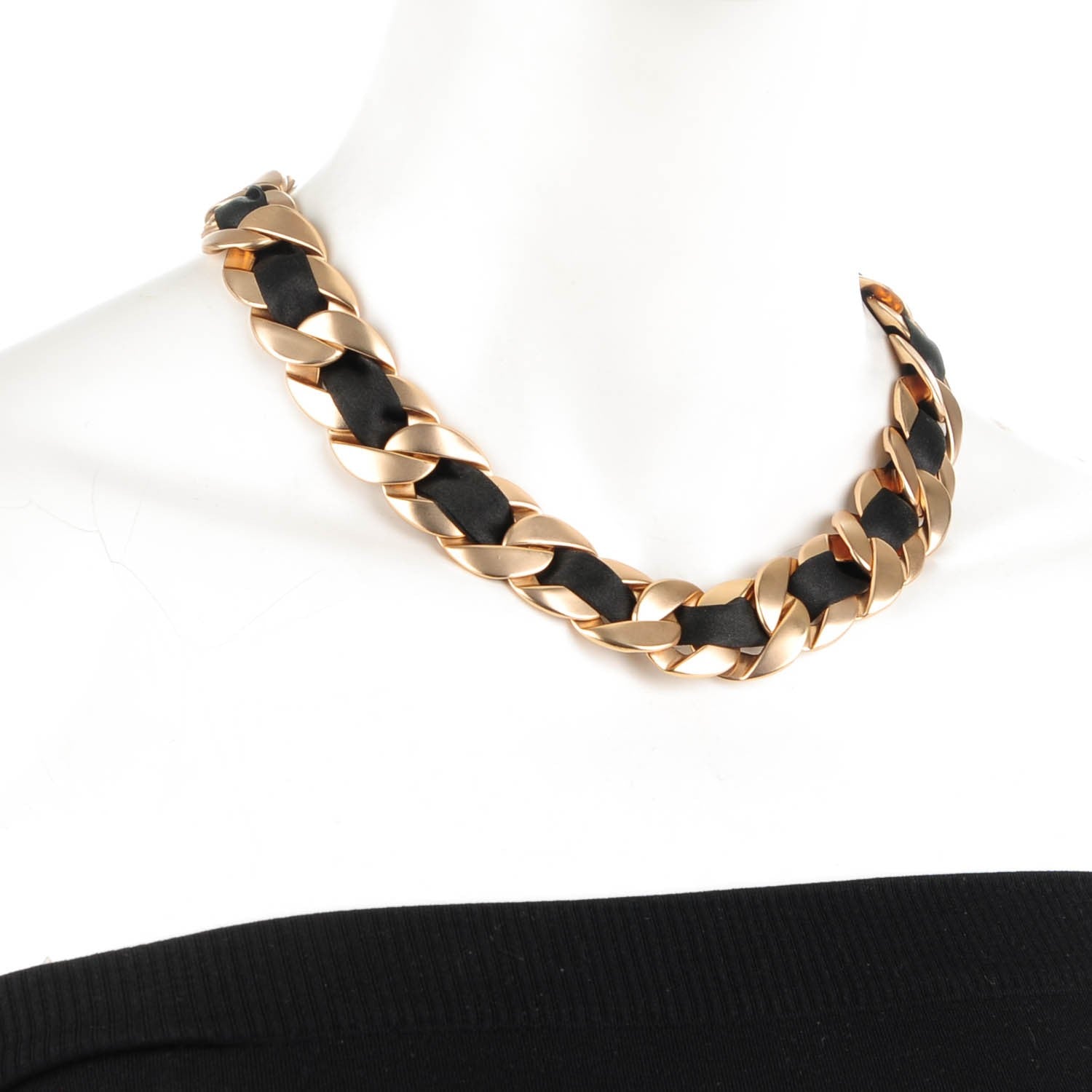 Chanel Silk CC Chain Link Choker Necklace Light Gold Black 2 of 5