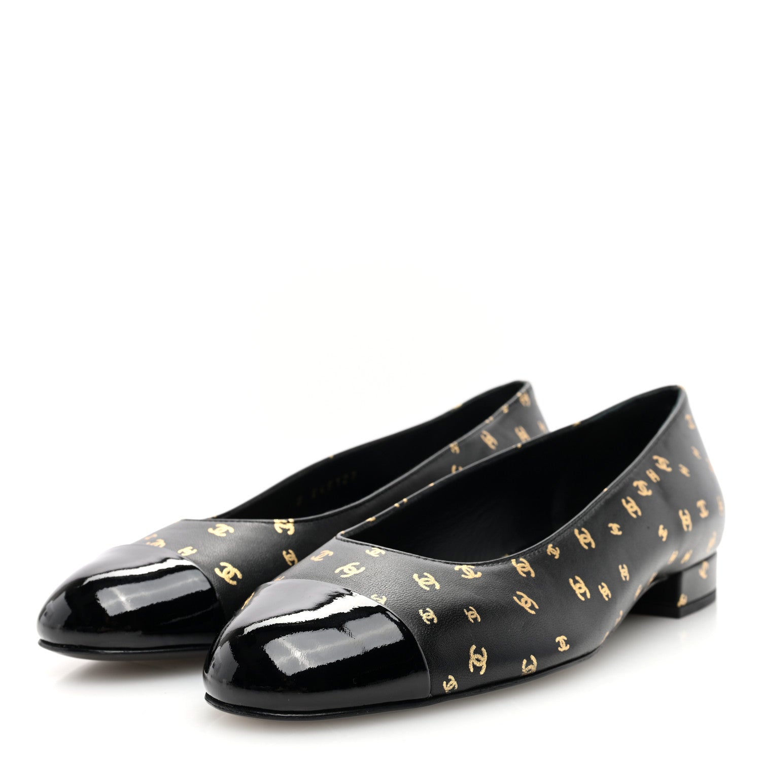 Chanel Lambskin Patent Calfskin Printed CC Cap Toe Ballerina Flats 37.5 Black Gold 2 of 9