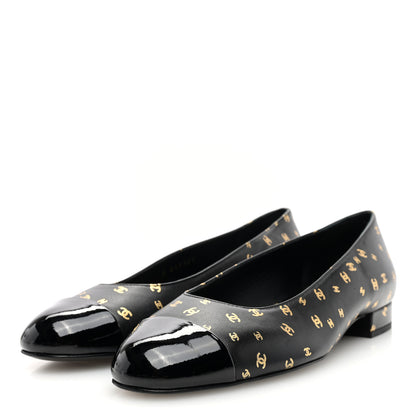 Chanel Lambskin Patent Calfskin Printed CC Cap Toe Ballerina Flats 37.5 Black Gold 2 of 9