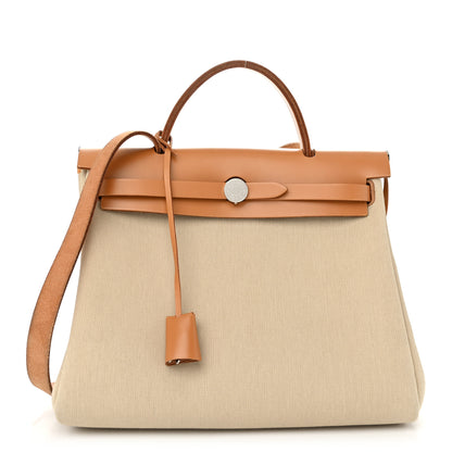 Hermes Military Toile Vache Hunter Herbag Zip Retourne 31 PM Beton Naturel 1 of 11