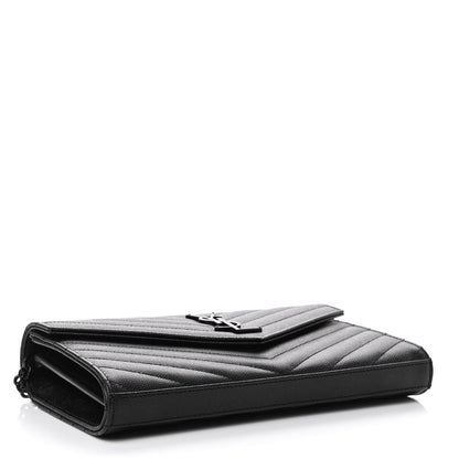Saint Laurent Grain De Poudre Matelasse Chevron Monogram Chain Wallet Black 3 of 4