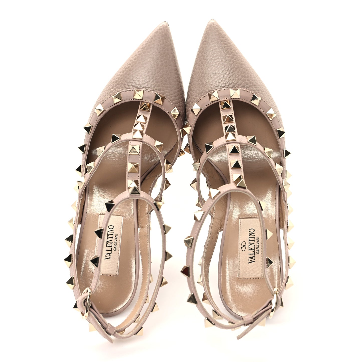 Pebbled Calfskin Rockstud Ankle Strap 100mm Pumps 37 Poudre