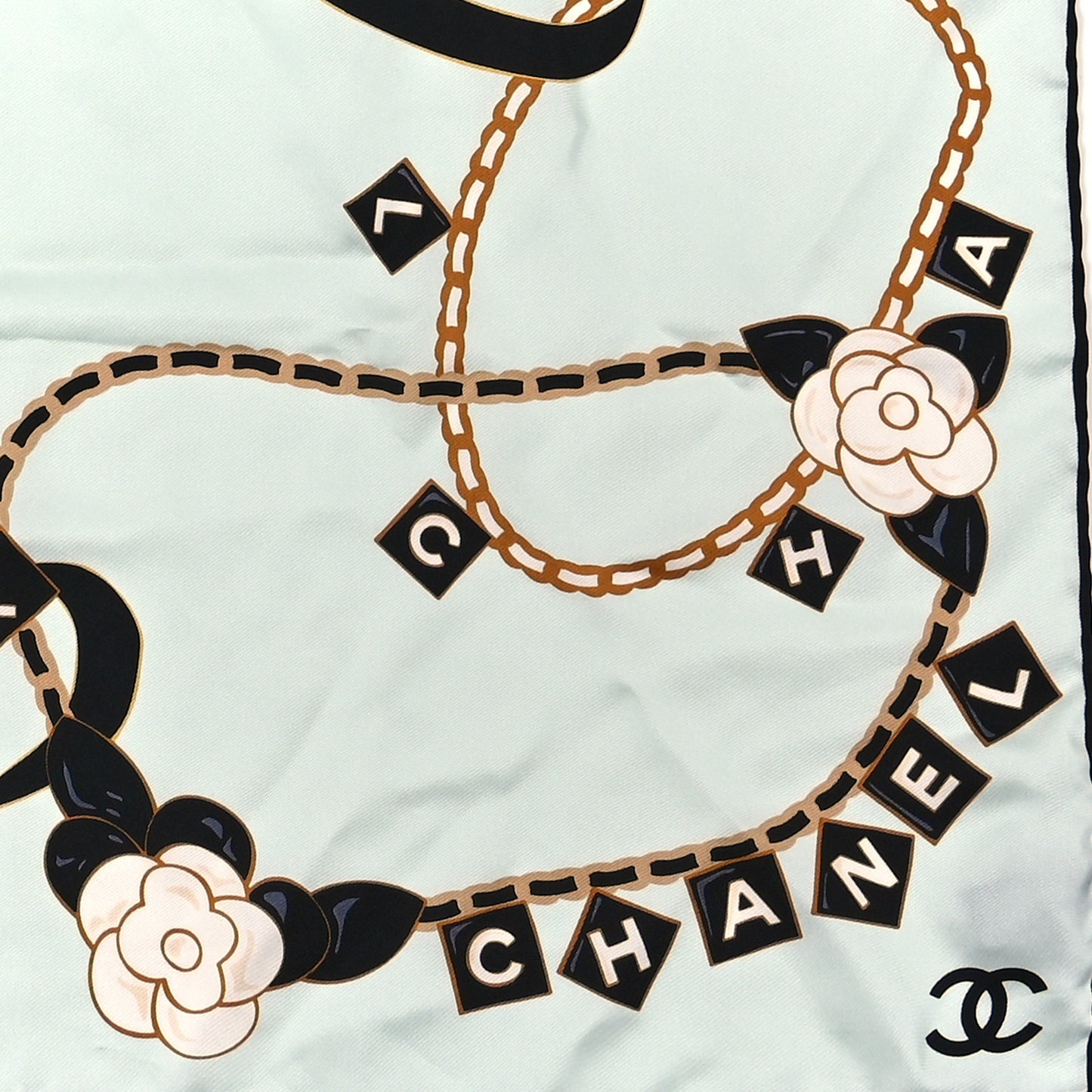 Silk Camellia CC Charms Square Scarf Light Blue Black