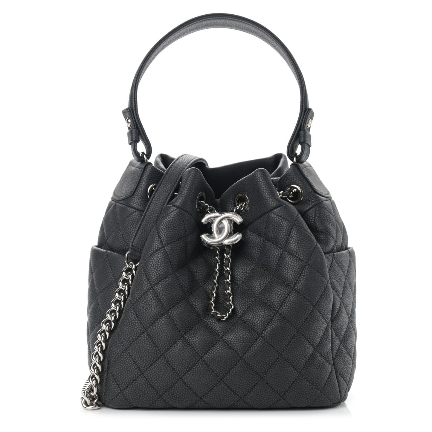 Caviar Flat Quilted CC Chain Bucket Drawstring Bag Black