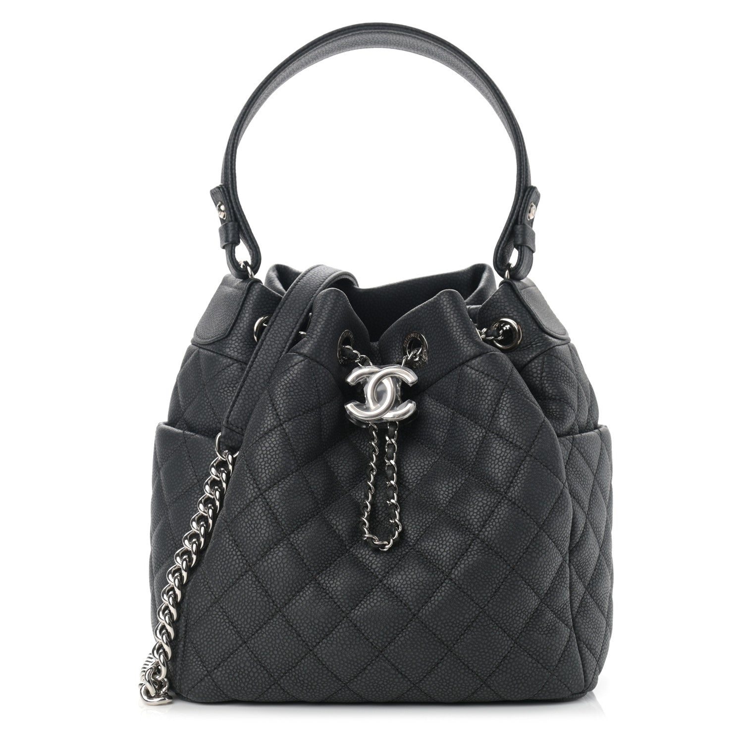 Chanel Caviar Flat Quilted CC Chain Bucket Drawstring Bag Black 1 of 10