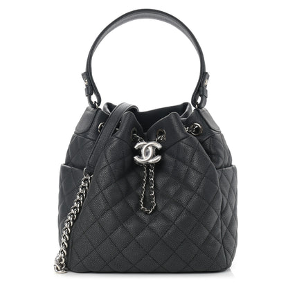 Chanel Caviar Flat Quilted CC Chain Bucket Drawstring Bag Black 1 of 10