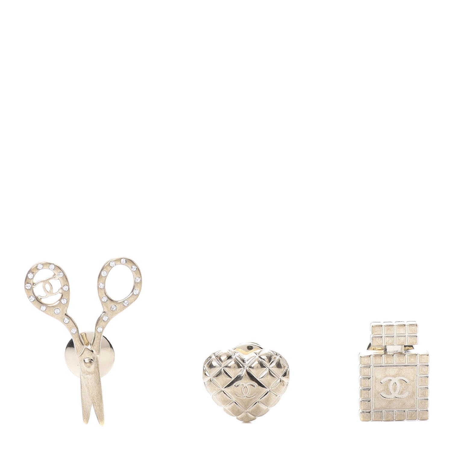 Chanel Metal Strass Crystal Quilted CC Heart Scissors Perfume Brooch Set Gold 1 of 5