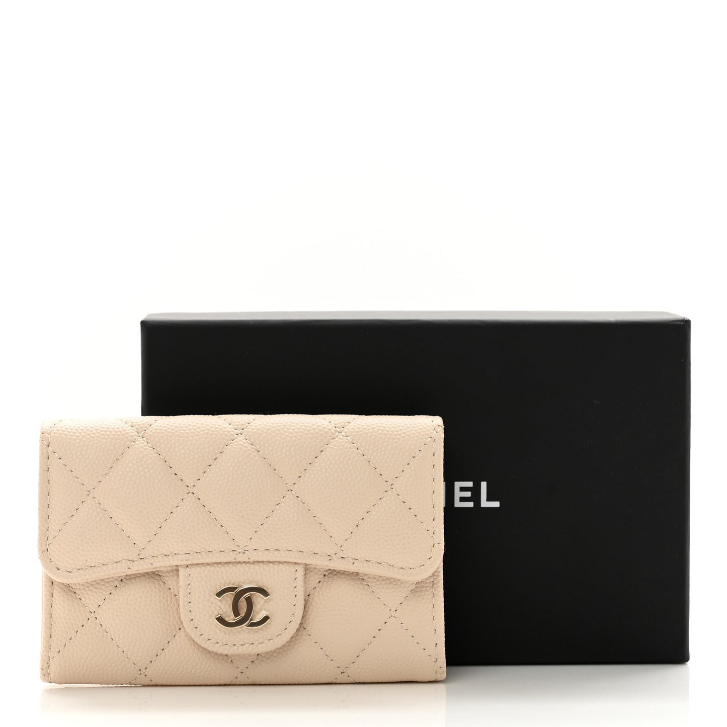 Caviar Quilted Flap Card Holder Wallet Light Beige