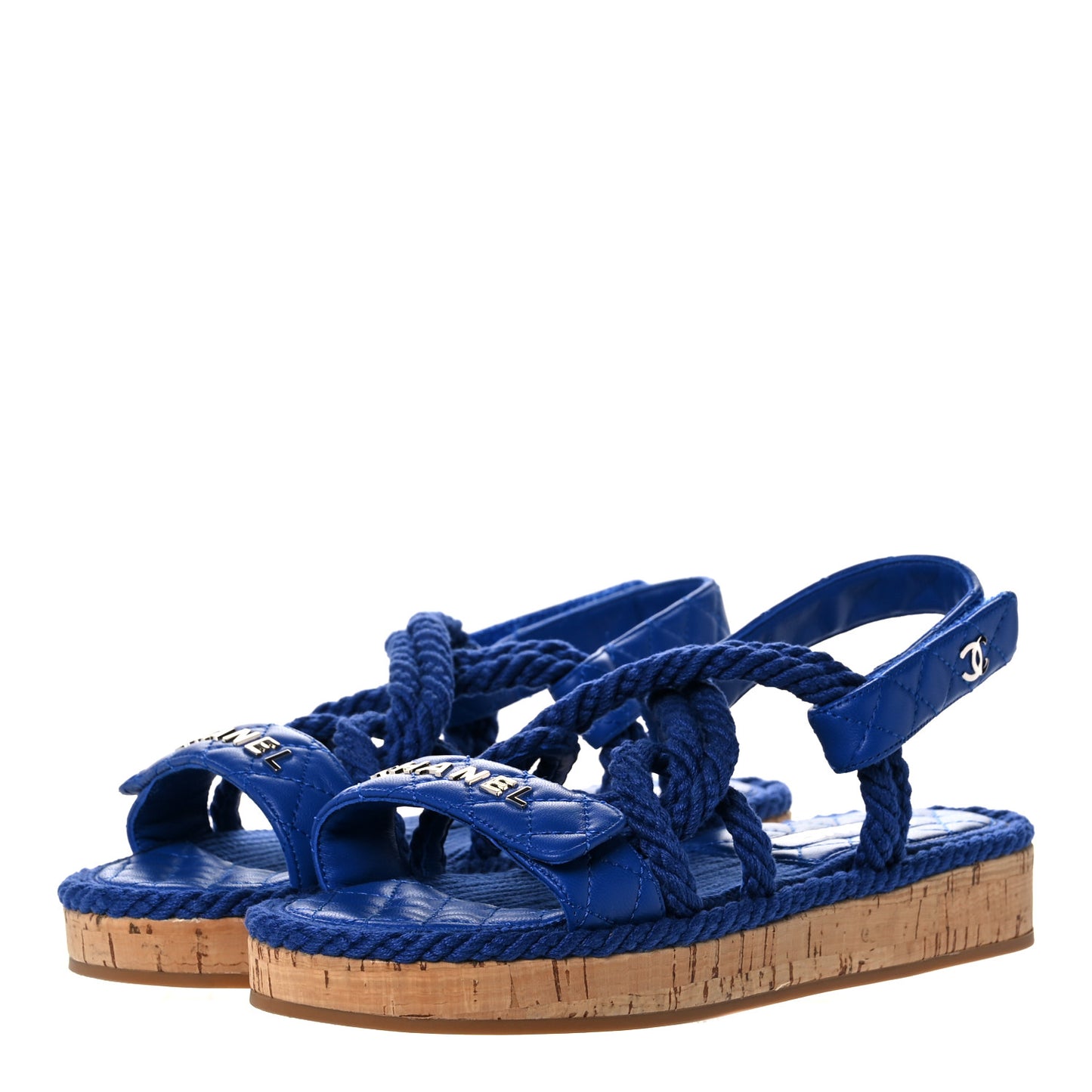Cord Lambskin Quilted Logo Sandals 37 Blue