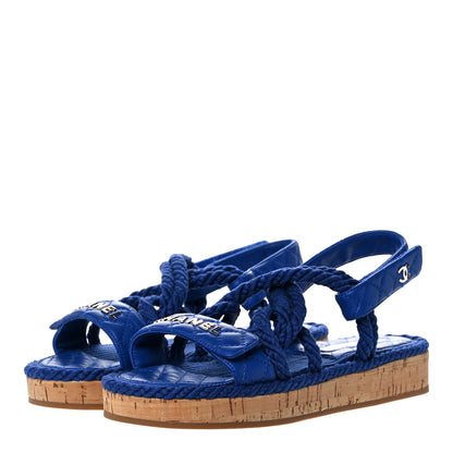 Chanel Cord Lambskin Quilted Logo Sandals 37 Blue 3 of 8