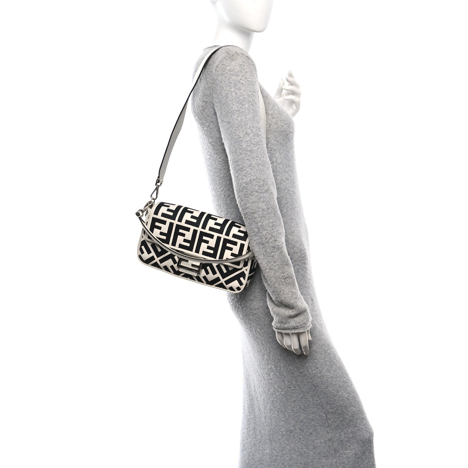 Fendi Canvas Vitello King FF Embroidered Baguette White Black 2 of 11