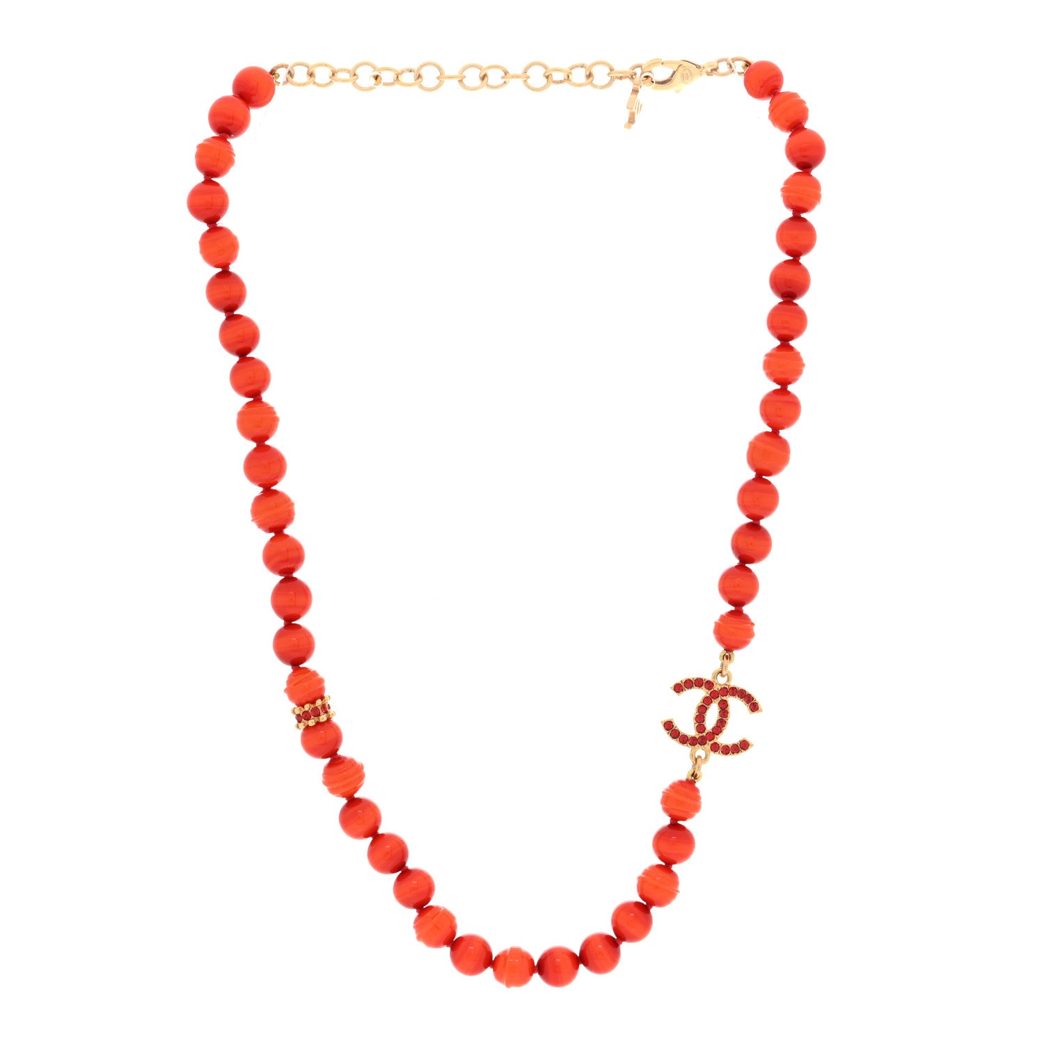 Chanel Pearl Glass Bead CC Necklace Orange 3 of 4