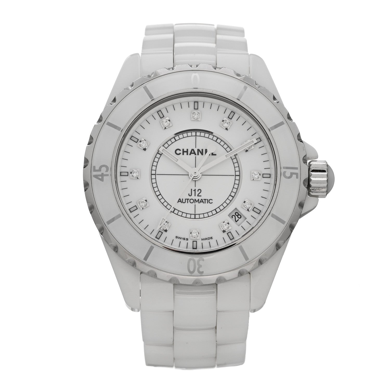Chanel Stainless Steel Ceramic Diamond 38mm J12 Automatic Watch White 1 of 4