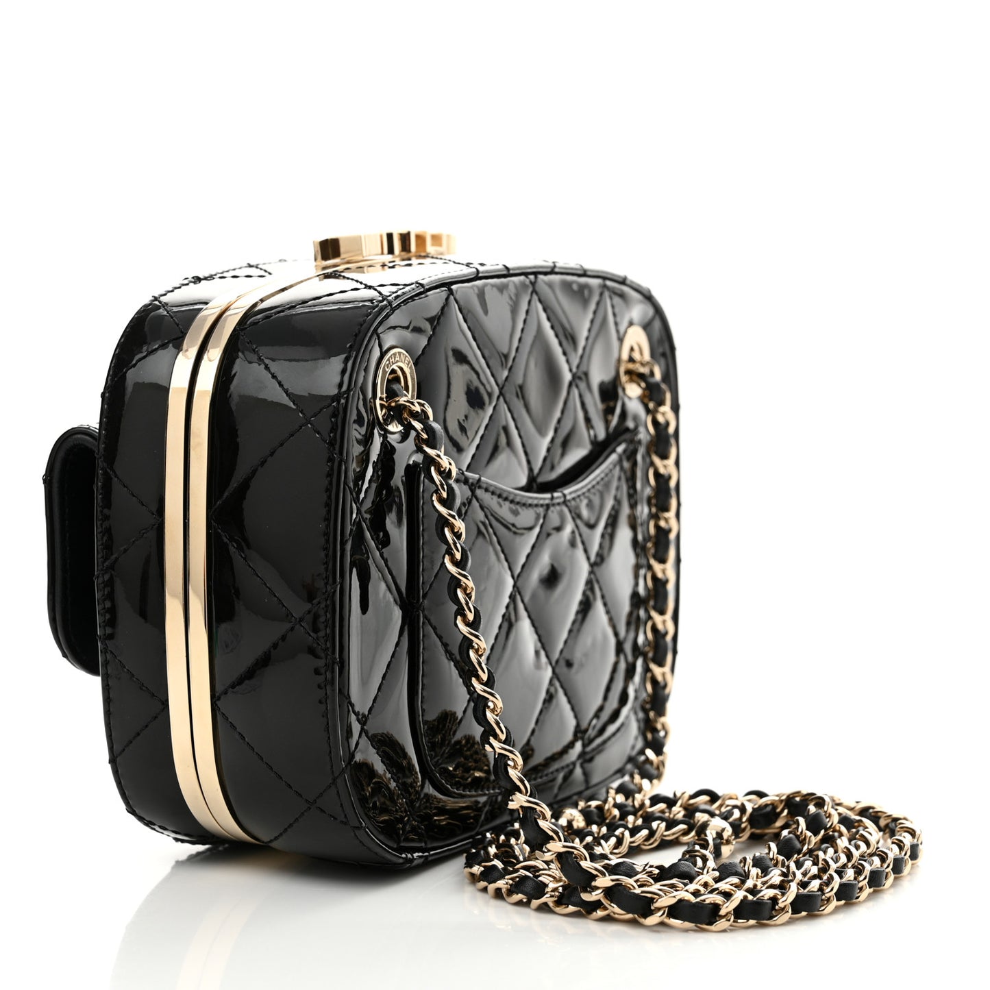 Patent Calfskin Quilted Mini Camera Case Black
