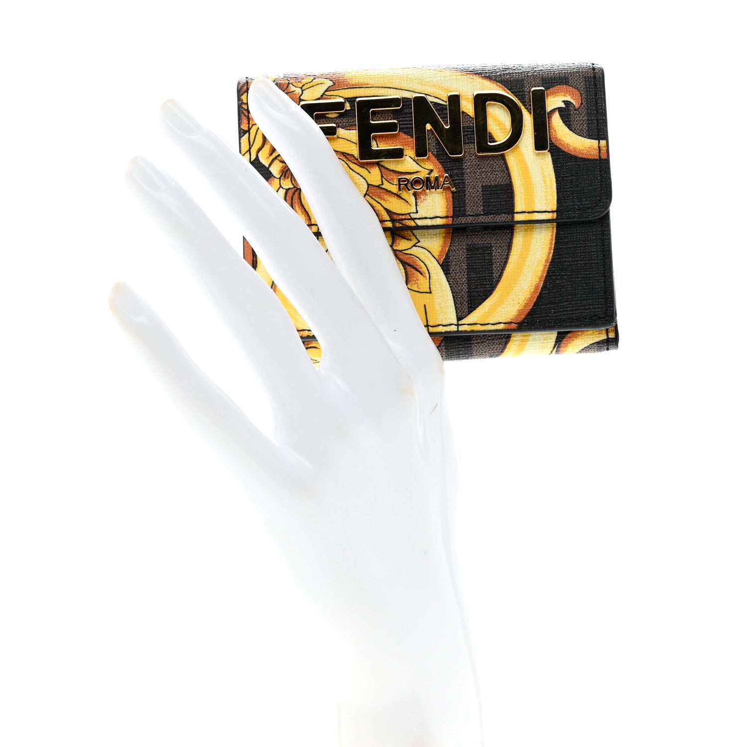 Fendi X VERSACE Glazed Fabric Fendace FF Baroque Micro Tri-Fold Wallet Gold Tobacco Black 2 of 7