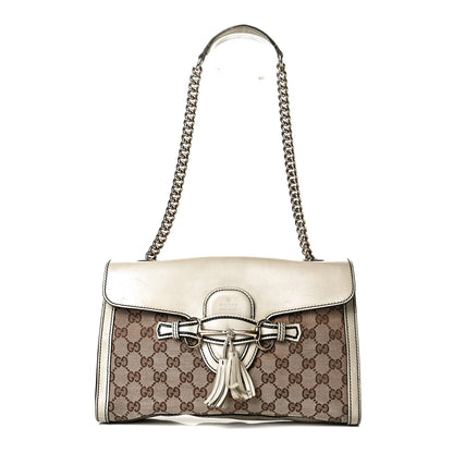 Gucci Monogram Margaux Calfskin Medium Emily Chain Shoulder Bag Beige Ebony Mystic White 1 of 9