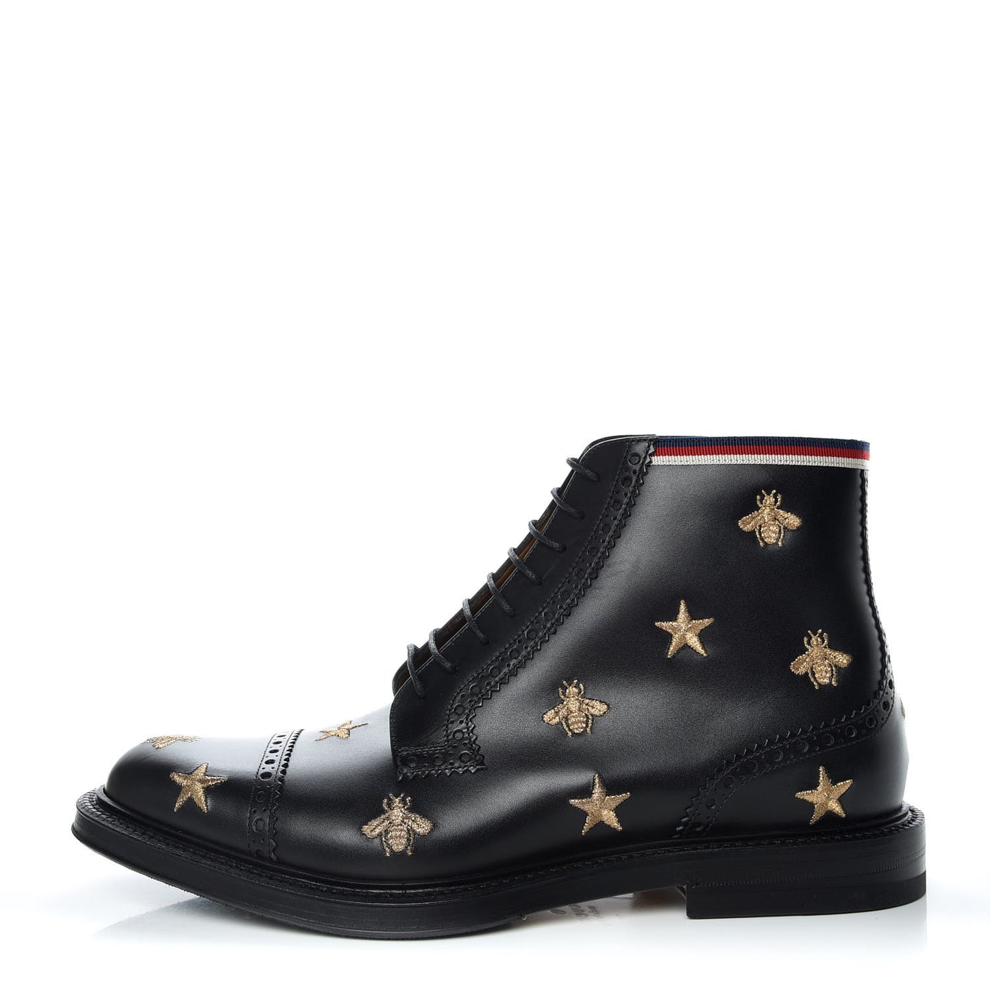 Calfskin Sylvie Web Bee Star Embroidered Mens Brogue Captoe Boots 7.5 Black