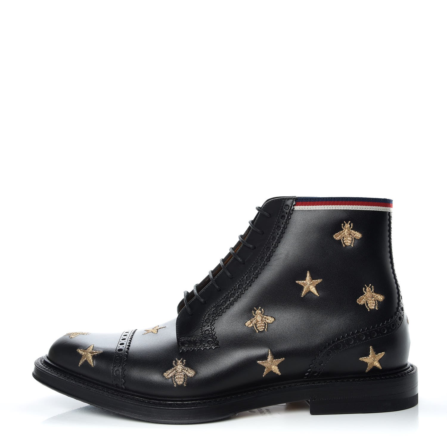 Gucci Calfskin Sylvie Web Bee Star Embroidered Mens Brogue Captoe Boots 7.5 Black 1 of 8
