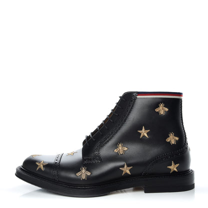 Gucci Calfskin Sylvie Web Bee Star Embroidered Mens Brogue Captoe Boots 7.5 Black 1 of 8