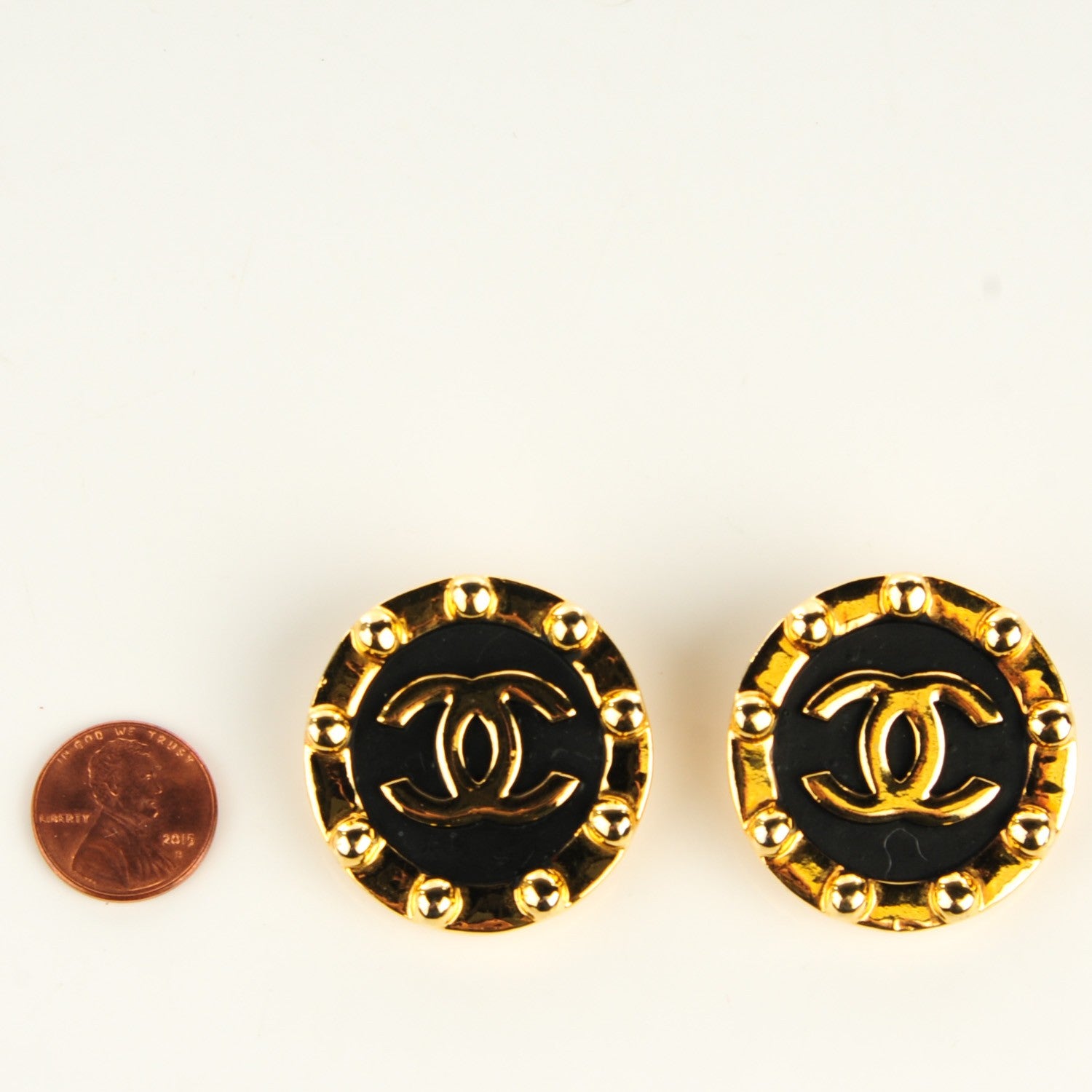 Chanel Studded CC Clip On Earrings Black Gold 2 of 4