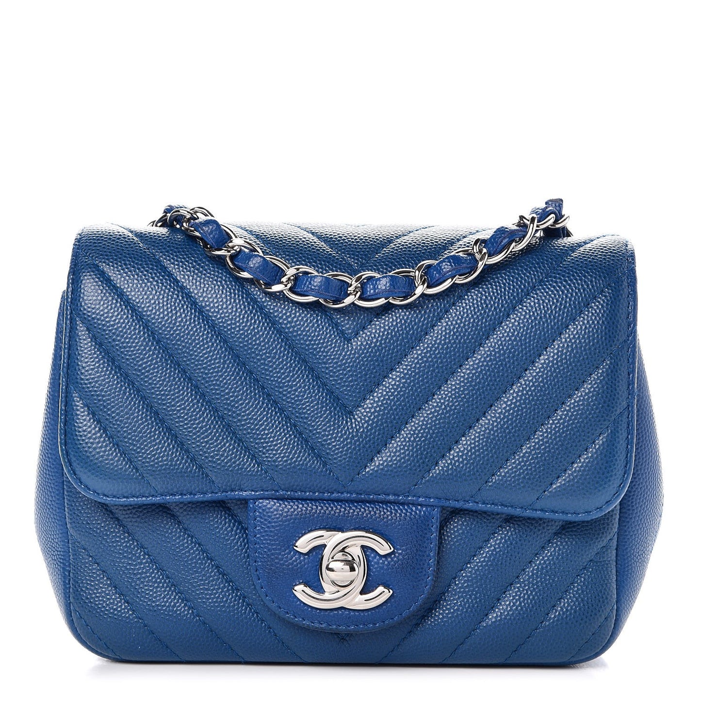 Caviar Chevron Quilted Mini Square Flap Blue