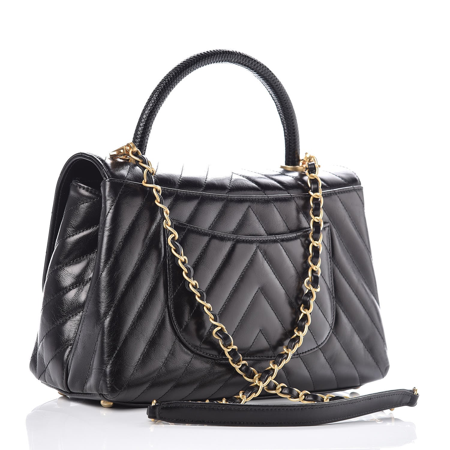 Chanel Calfskin Lizard Chevron Quilted Small Coco Handle Flap Black 3 of 9