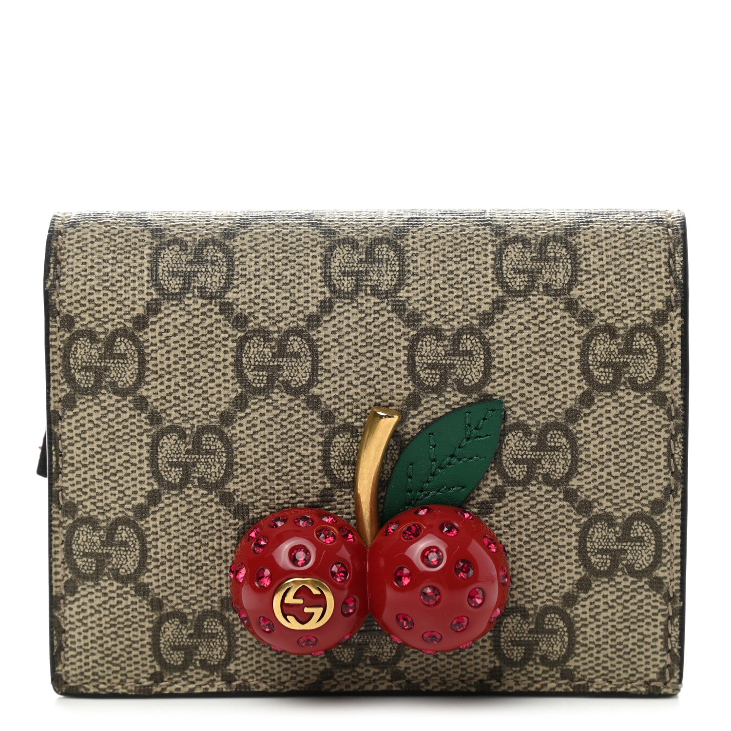 Gucci GG Supreme Monogram Cherry Embellished Card Case Wallet Hibiscus Red 1 of 8