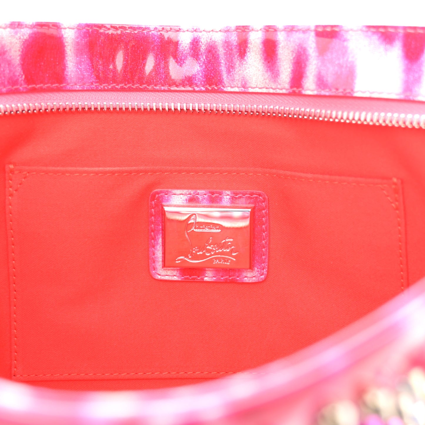 CHRISTIAN LOUBOUTIN Patent Glittart Studded Loubiposh Chain Clutch Shocking Pink