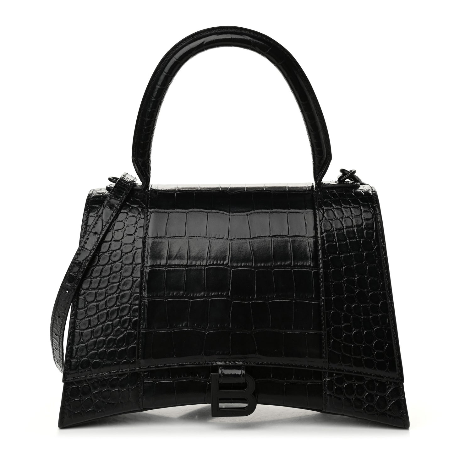 Shiny Calfskin Monochrome Crocodile Embossed Medium Hourglass Top Handle Bag Black