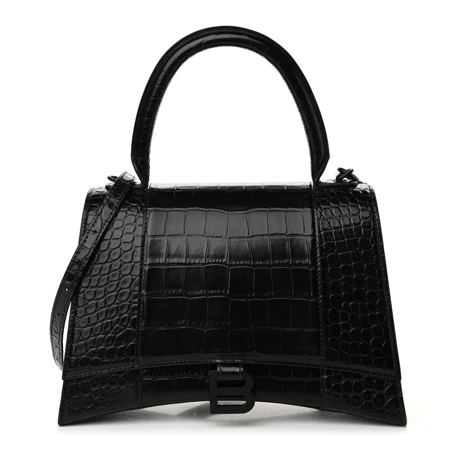 Balenciaga Shiny Calfskin Monochrome Crocodile Embossed Medium Hourglass Top Handle Bag Black 1 of 10