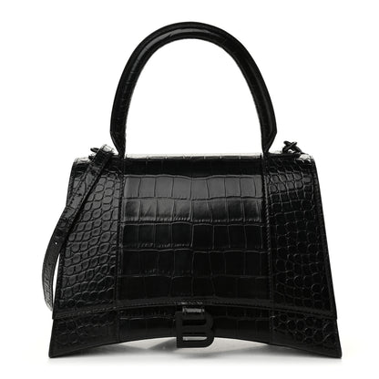 Balenciaga Shiny Calfskin Monochrome Crocodile Embossed Medium Hourglass Top Handle Bag Black 1 of 10