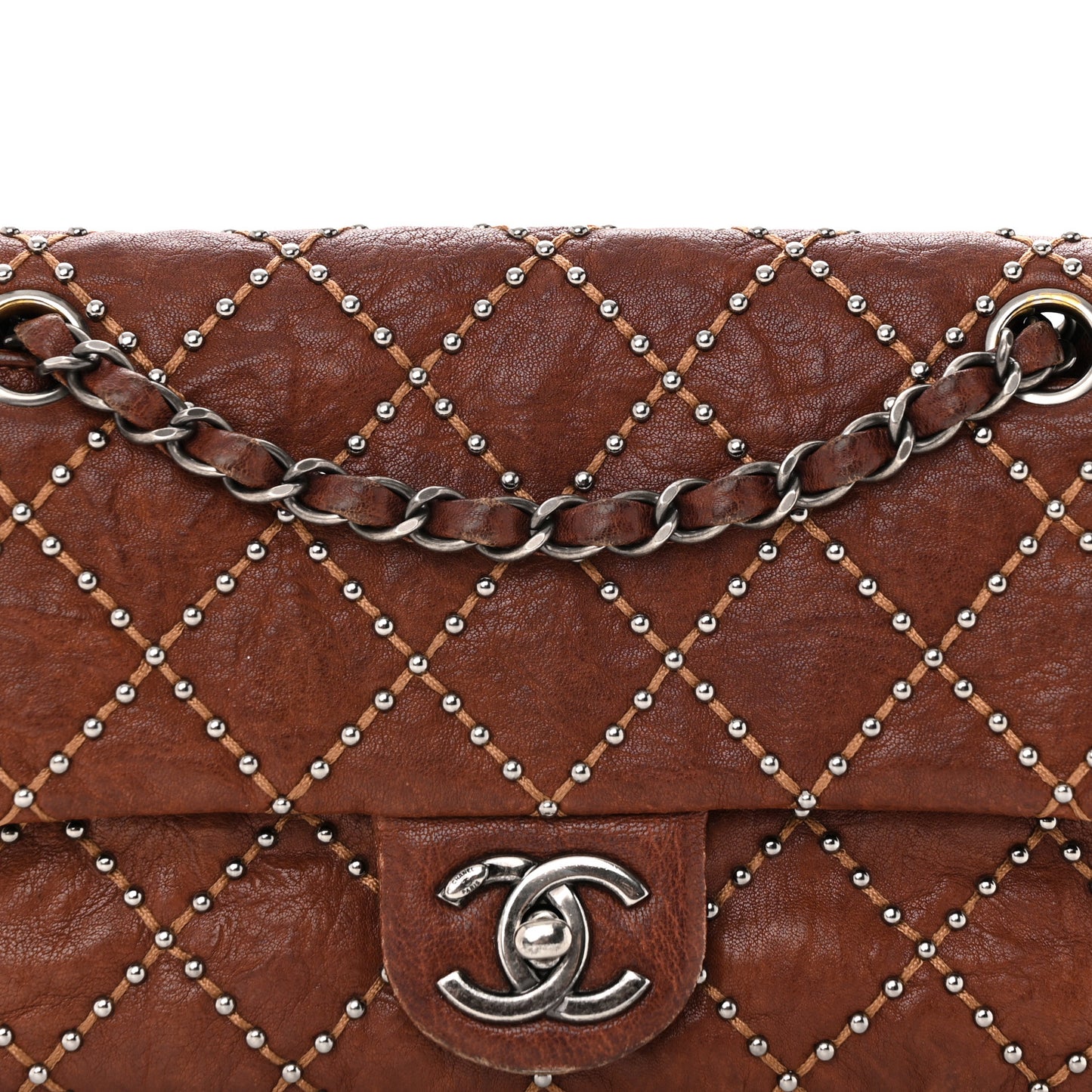 Crumpled Lambskin Studded Paris Dallas Flap Bag Brown
