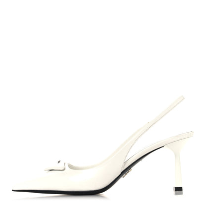 Prada Spazzolato Triangle Logo Pointed Toe 75mm Slingback Pumps 37 White 1 of 8