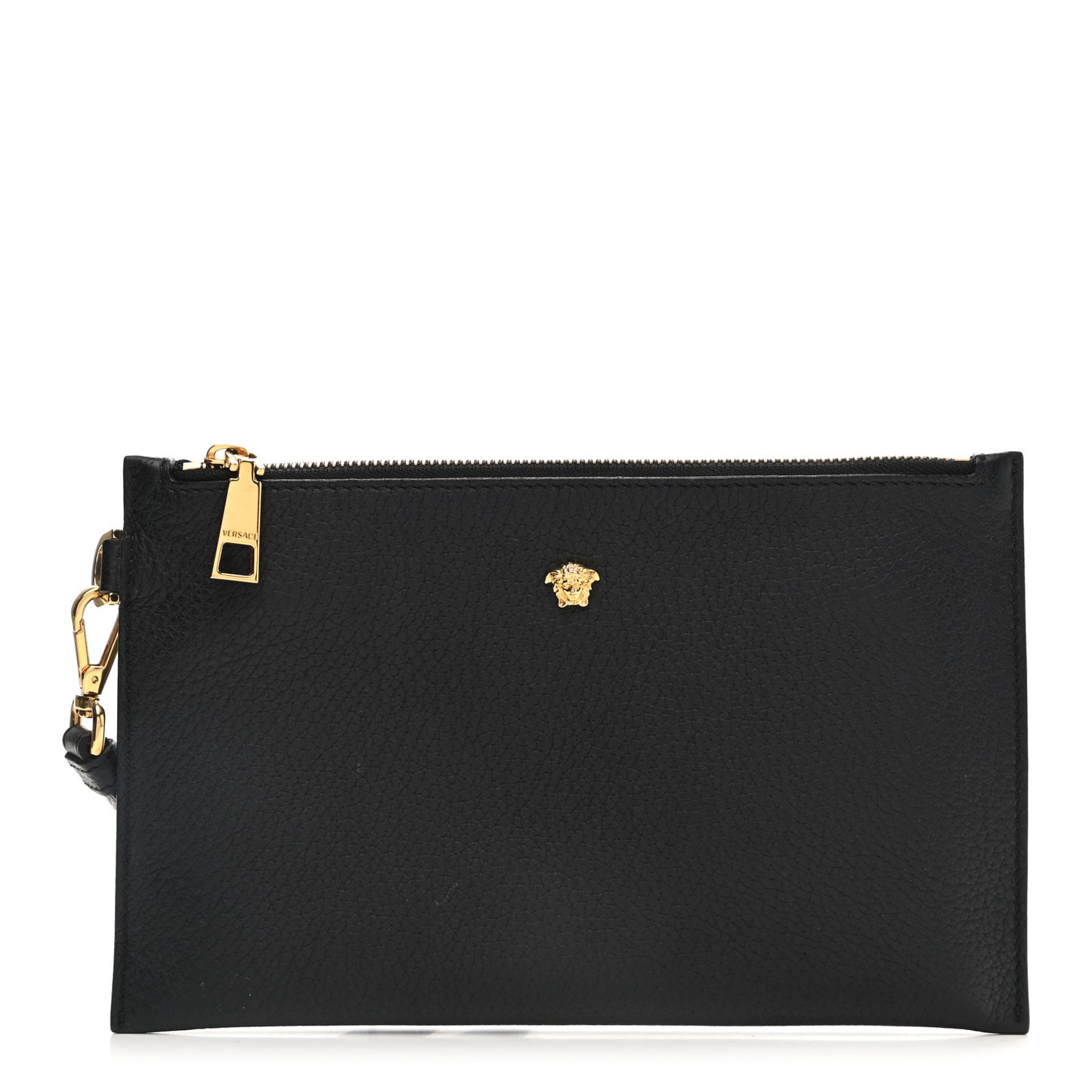 Grained Calfskin Medusa Wrist Pouch Black