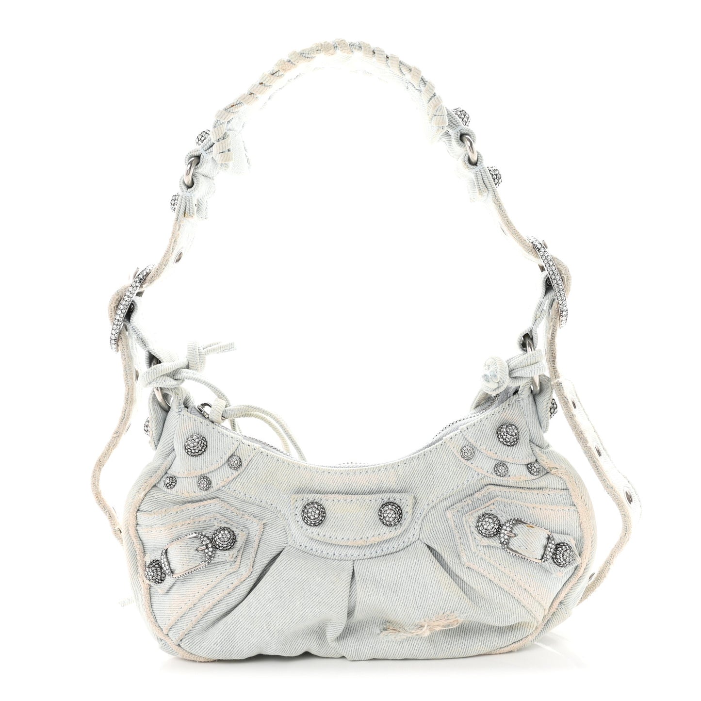 Washed Frayed Denim Crystal XS Le Cagole Shoulder Bag Pale Blue