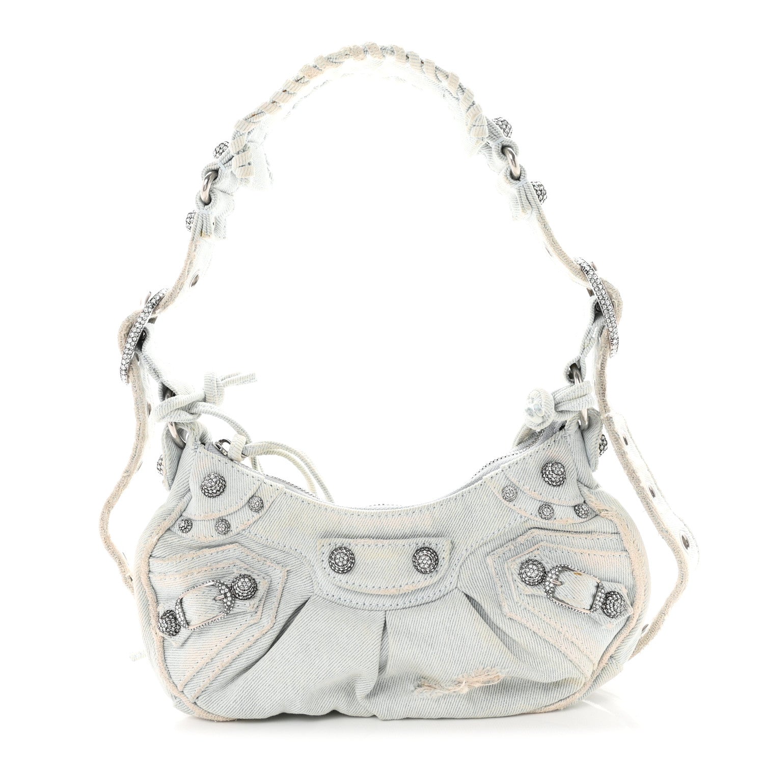 Balenciaga Washed Frayed Denim Crystal XS Le Cagole Shoulder Bag Pale Blue 1 of 11