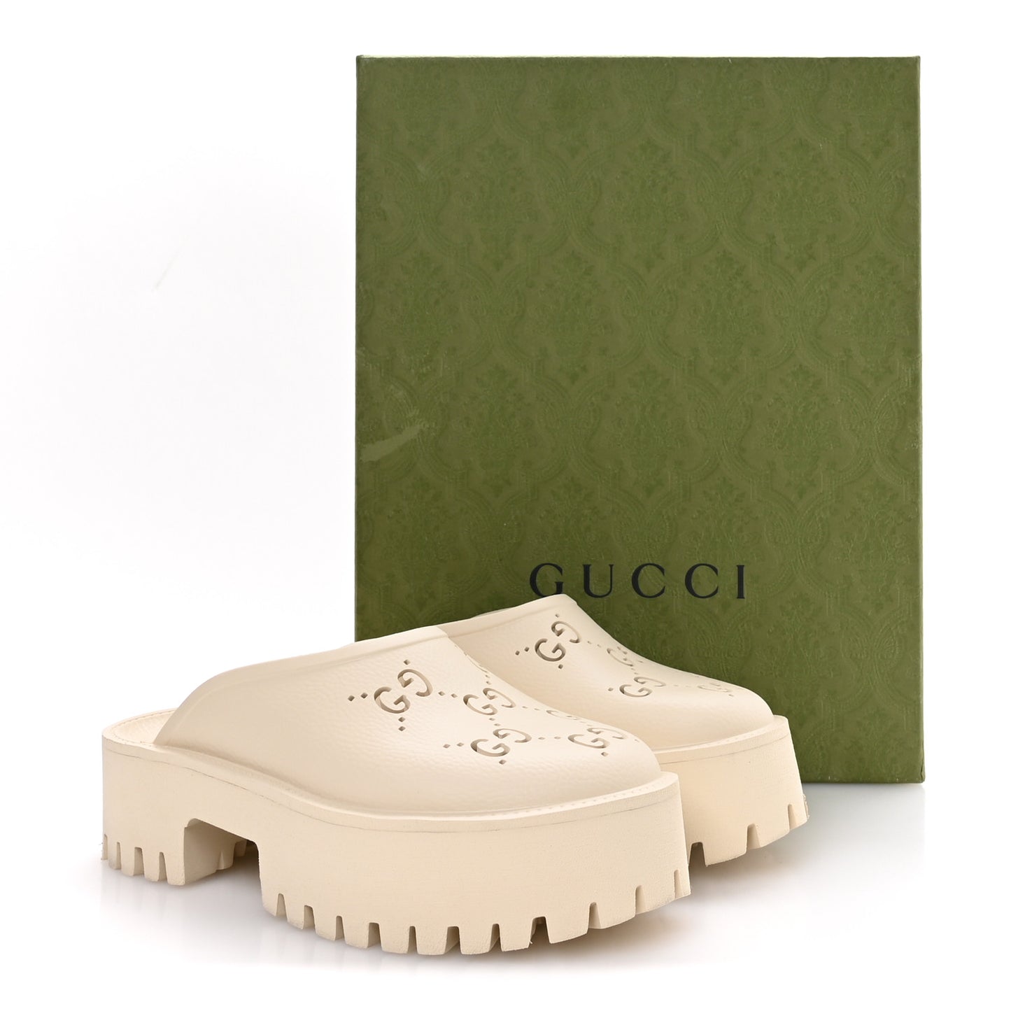 Rubber GG Monogram Perforated Elea Platform 55mm Lug Sole Sandals 38 Mystic White