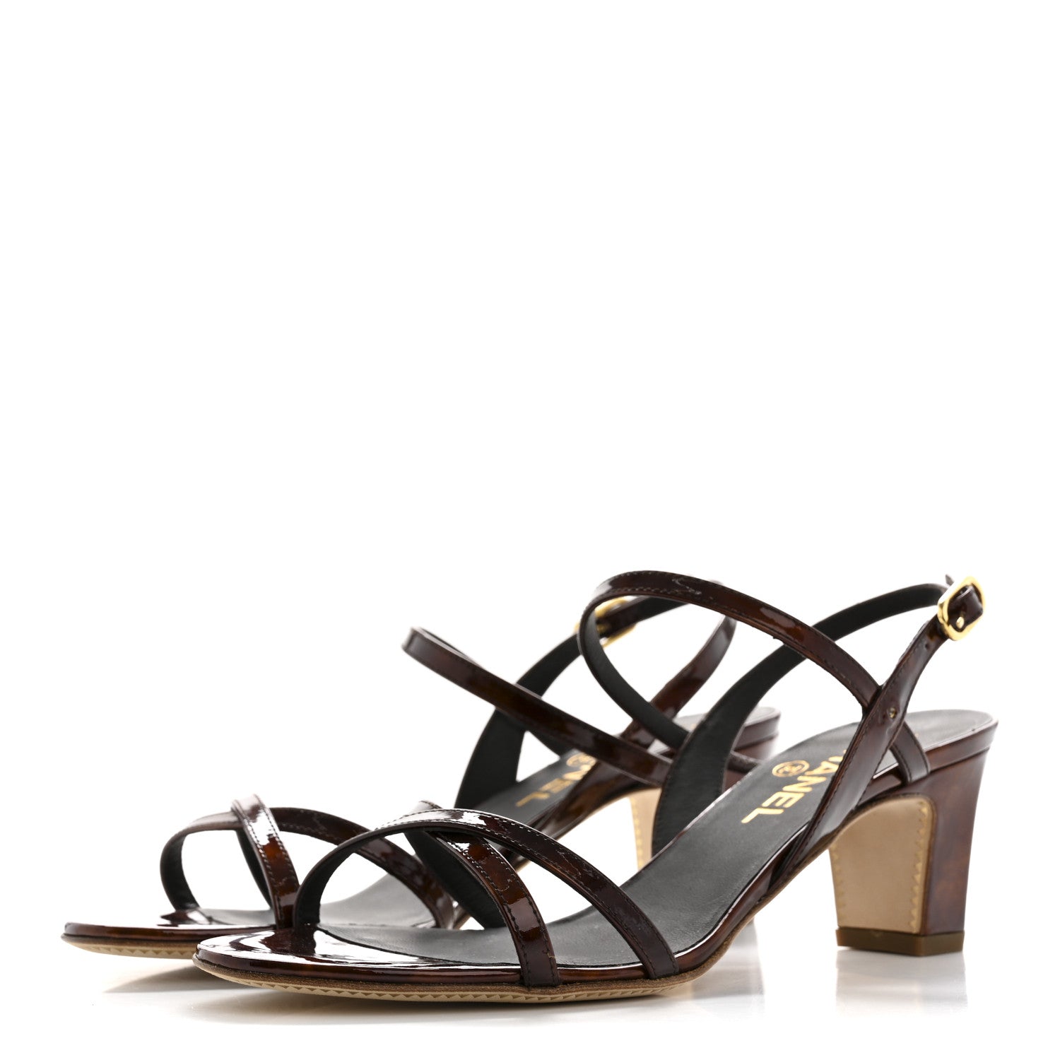 Chanel Patent Tortoise Ankle Strap Sandals 38 Marron Bronze 4 of 9